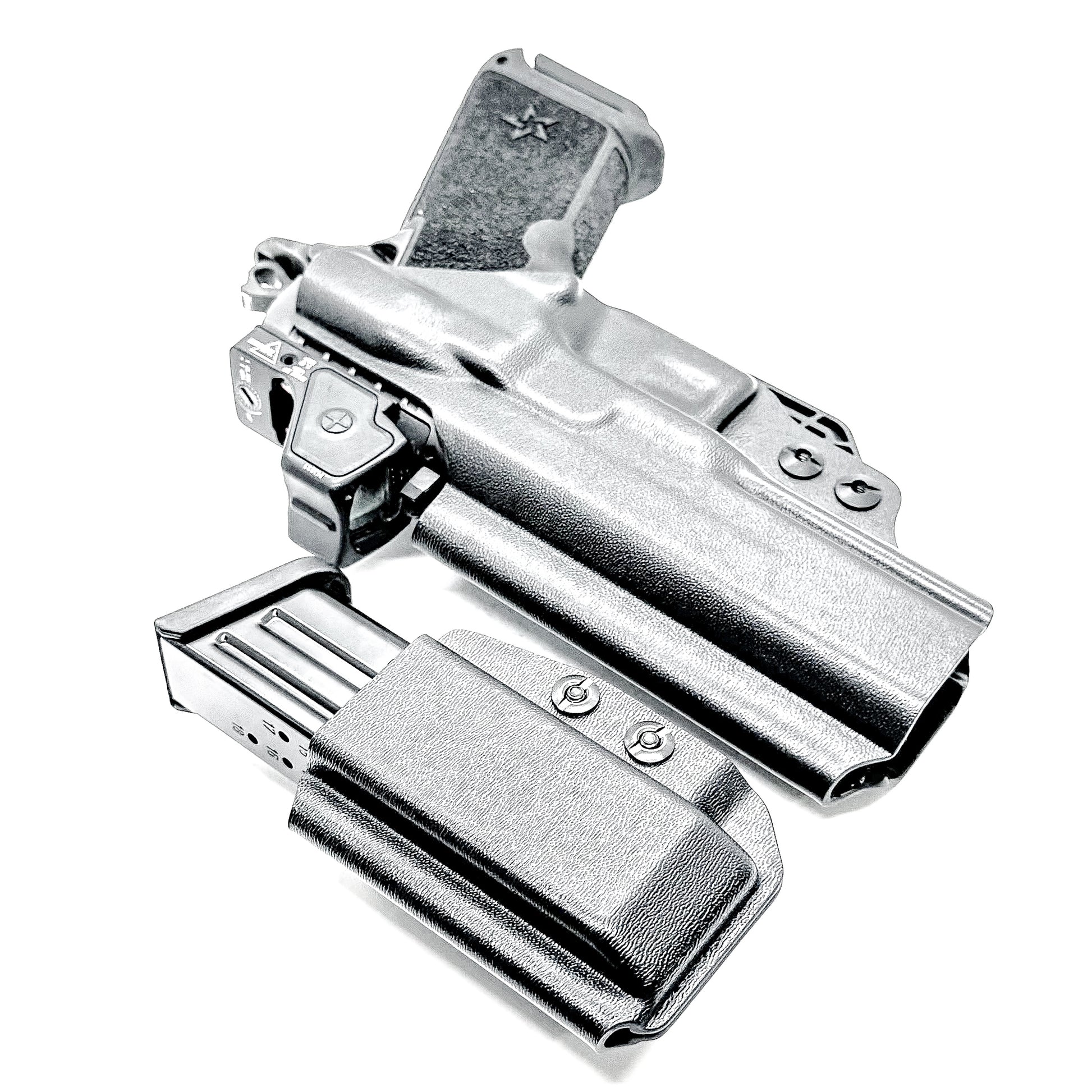 IWB holster combo for Staccato HD P4.5 and Glock 9MM mags. Includes mag carrier, Modwing, and Monoblock clips. Ships fast from the USA.
