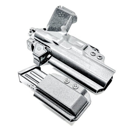 IWB holster combo for Staccato HD P4.5 and Glock 9MM mags. Includes mag carrier, Modwing, and Monoblock clips. Ships fast from the USA.
