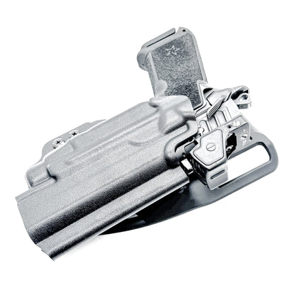 Precision-fit OWB outside the waistband duty & competition holster for the Staccato HD P4.5 and Streamlight TLR-7 HL-X from Four Brothers. Made in the USA. 