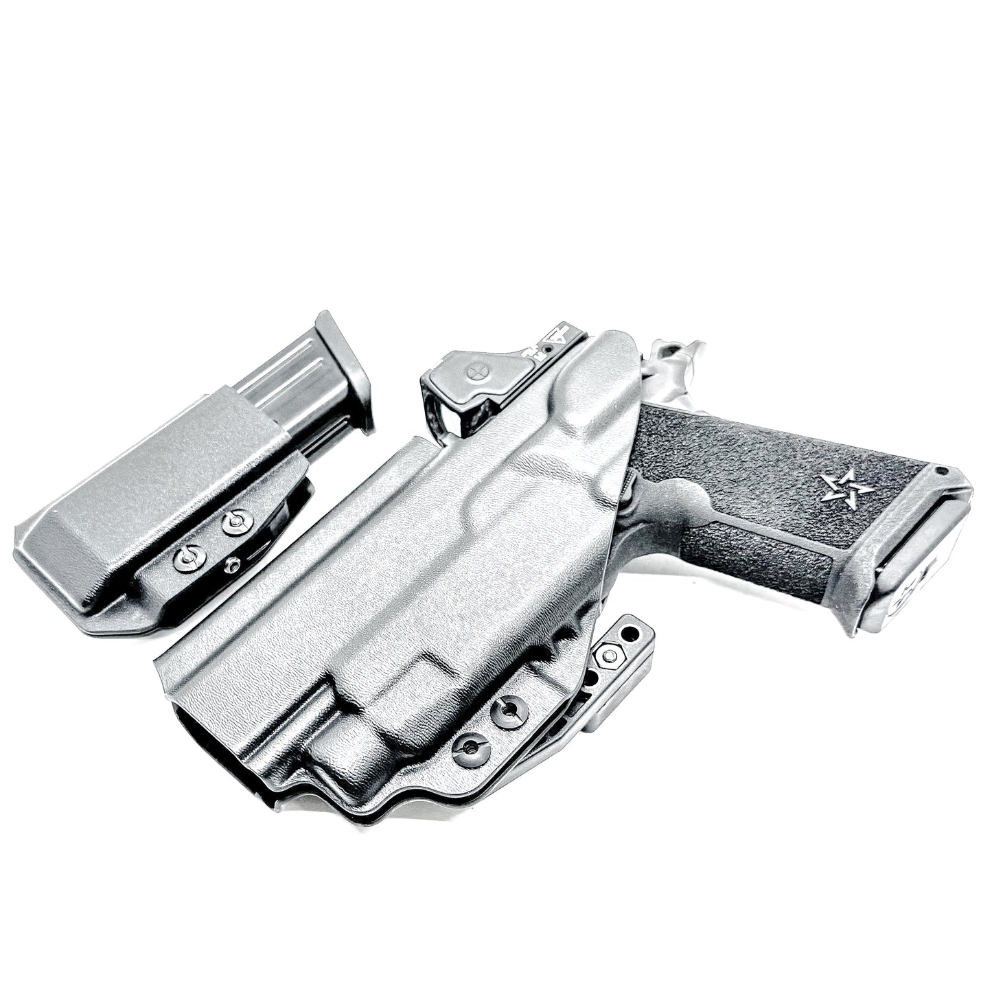 Custom-fit IWB holster for Staccato HD P4.5 with TLR-7 HL-X and Glock 9MM mag carrier. Adjustable retention, optics-ready, and made in the USA.