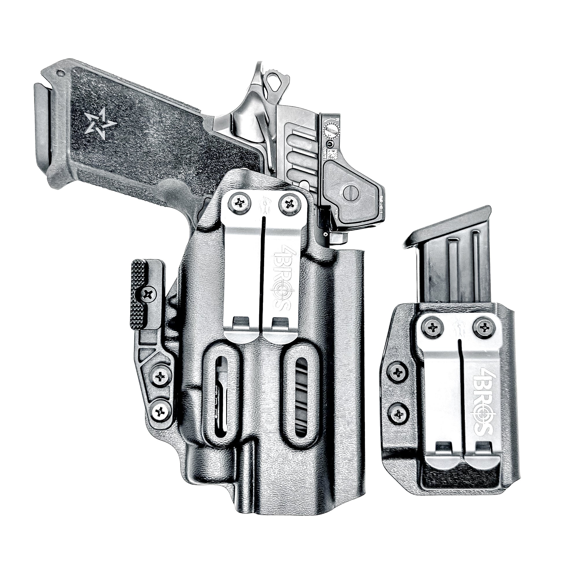 Custom-fit IWB holster for Staccato HD P4.5 with TLR-7 HL-X and Glock 9MM mag carrier. Adjustable retention, optics-ready, and made in the USA.