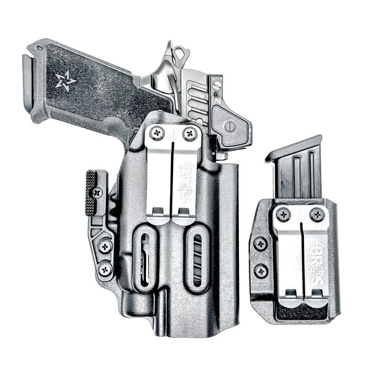 Custom-fit IWB holster for Staccato HD P4.5 with TLR-7 HL-X and Glock 9MM mag carrier. Adjustable retention, optics-ready, and made in the USA.