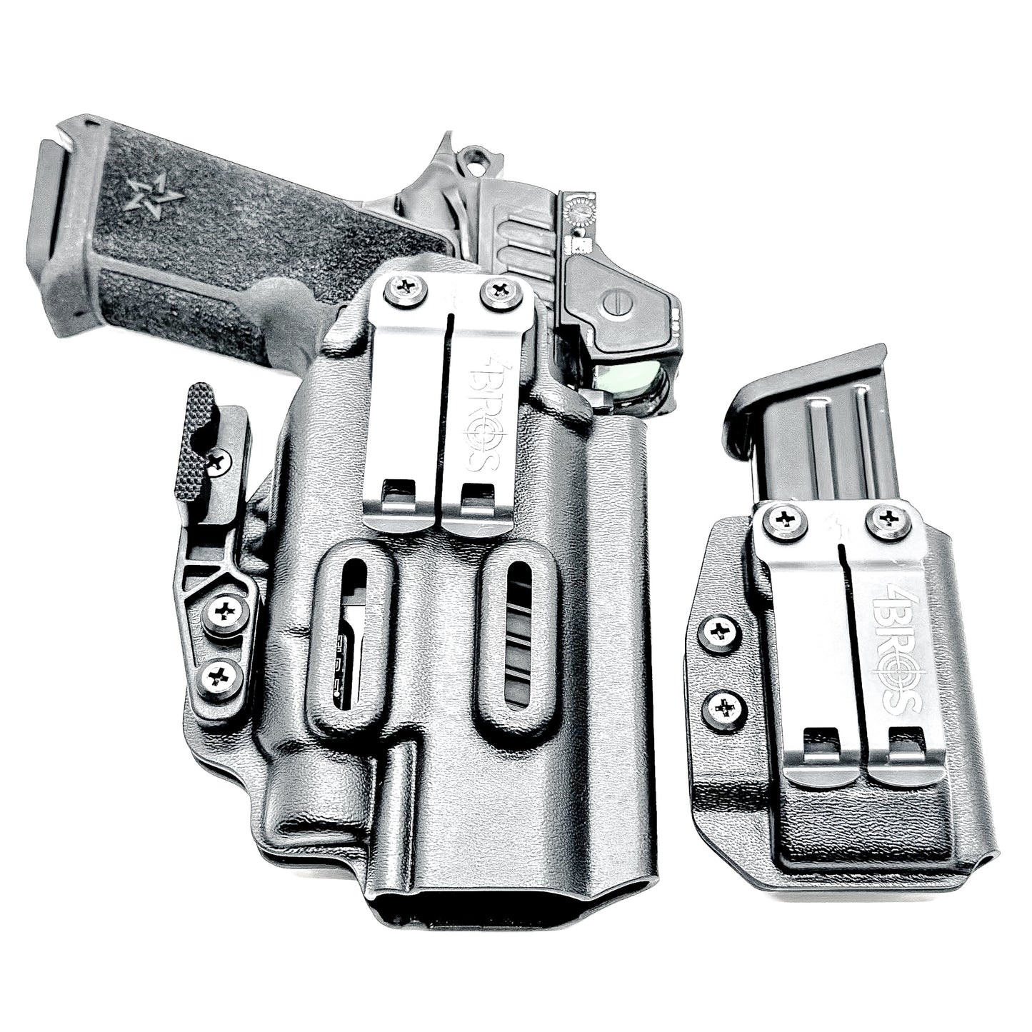 Custom-fit IWB holster for Staccato HD P4.5 with TLR-7 HL-X and Glock 9MM mag carrier. Adjustable retention, optics-ready, and made in the USA.