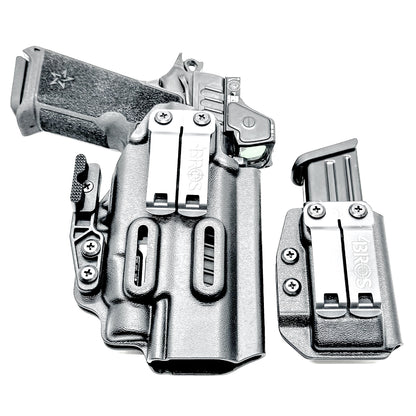 Custom-fit IWB holster for Staccato HD P4.5 with TLR-7 HL-X and Glock 9MM mag carrier. Adjustable retention, optics-ready, and made in the USA.