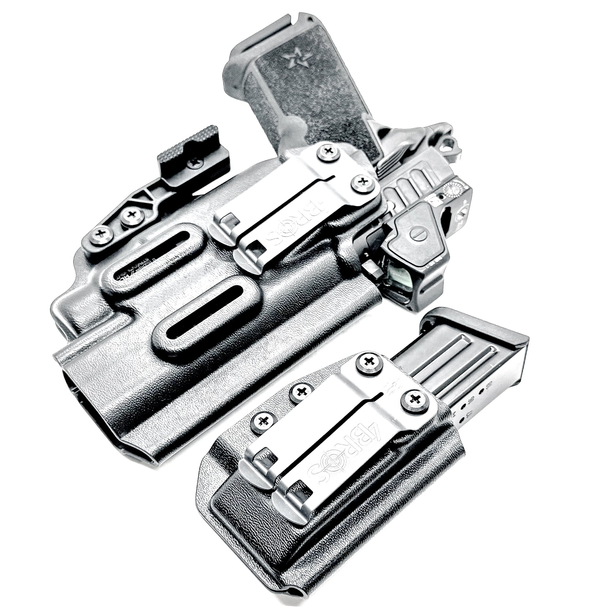 Custom-fit IWB holster for Staccato HD P4.5 with TLR-7 HL-X and Glock 9MM mag carrier. Adjustable retention, optics-ready, and made in the USA.