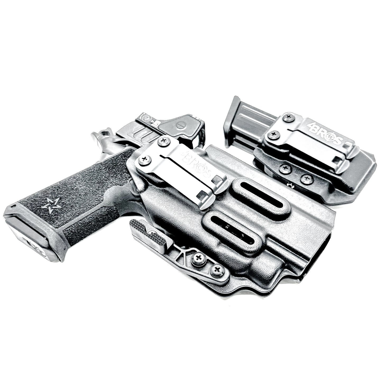 Custom-fit IWB holster for Staccato HD P4.5 with TLR-7 HL-X and Glock 9MM mag carrier. Adjustable retention, optics-ready, and made in the USA.