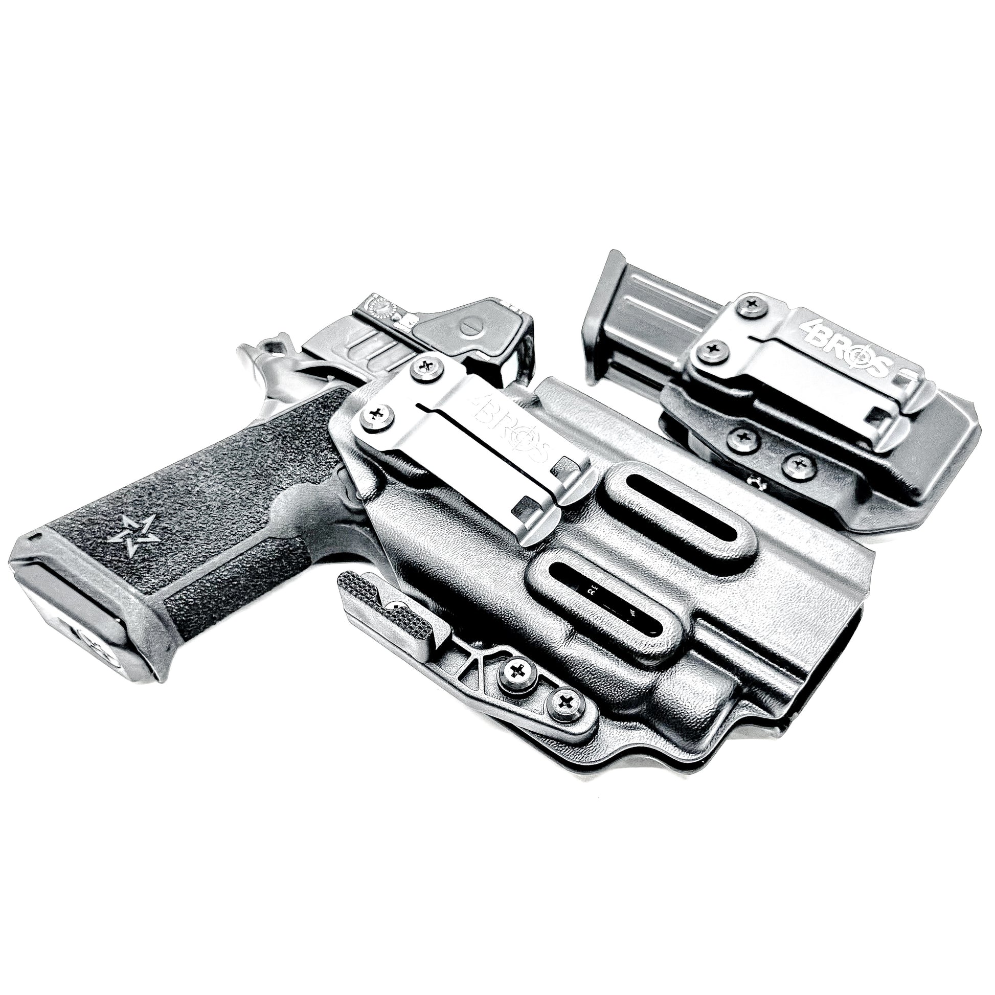 Custom-fit IWB holster for Staccato HD P4.5 with TLR-7 HL-X and Glock 9MM mag carrier. Adjustable retention, optics-ready, and made in the USA.