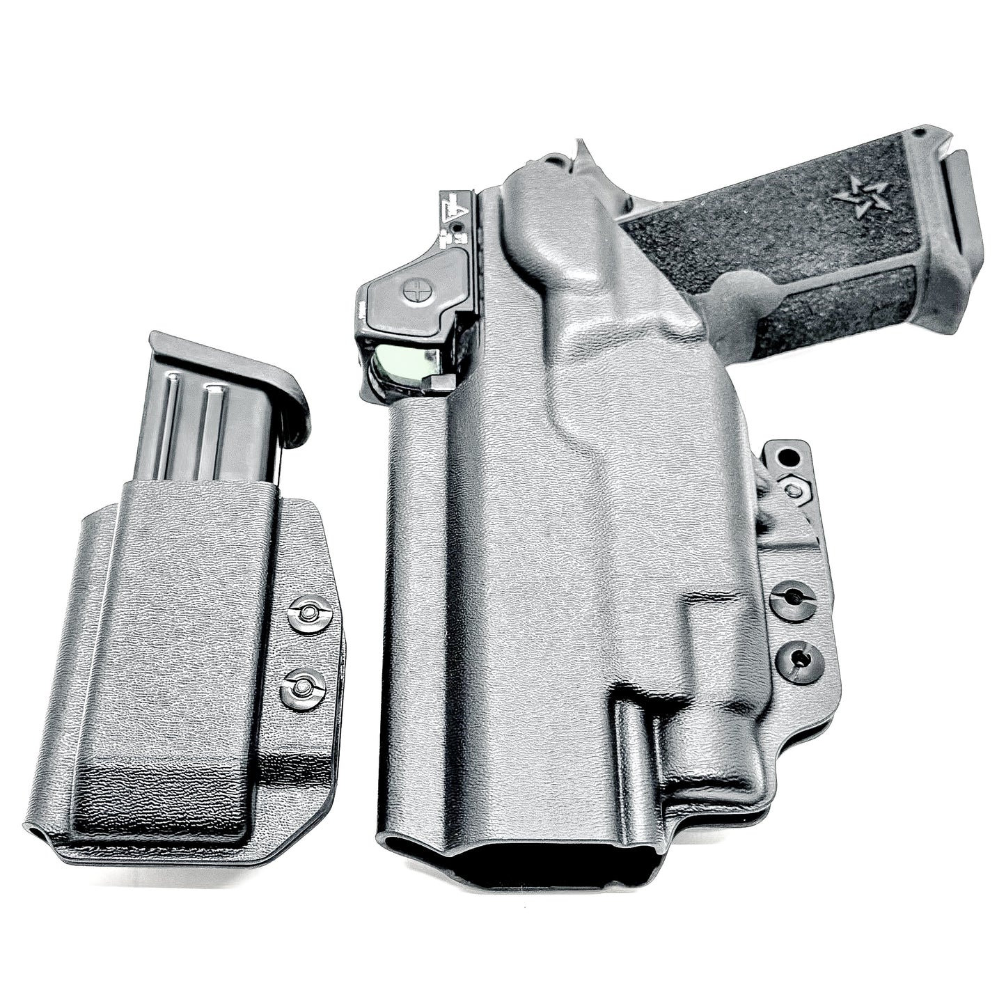 Custom-fit IWB holster for Staccato HD P4.5 with TLR-7 HL-X and Glock 9MM mag carrier. Adjustable retention, optics-ready, and made in the USA.