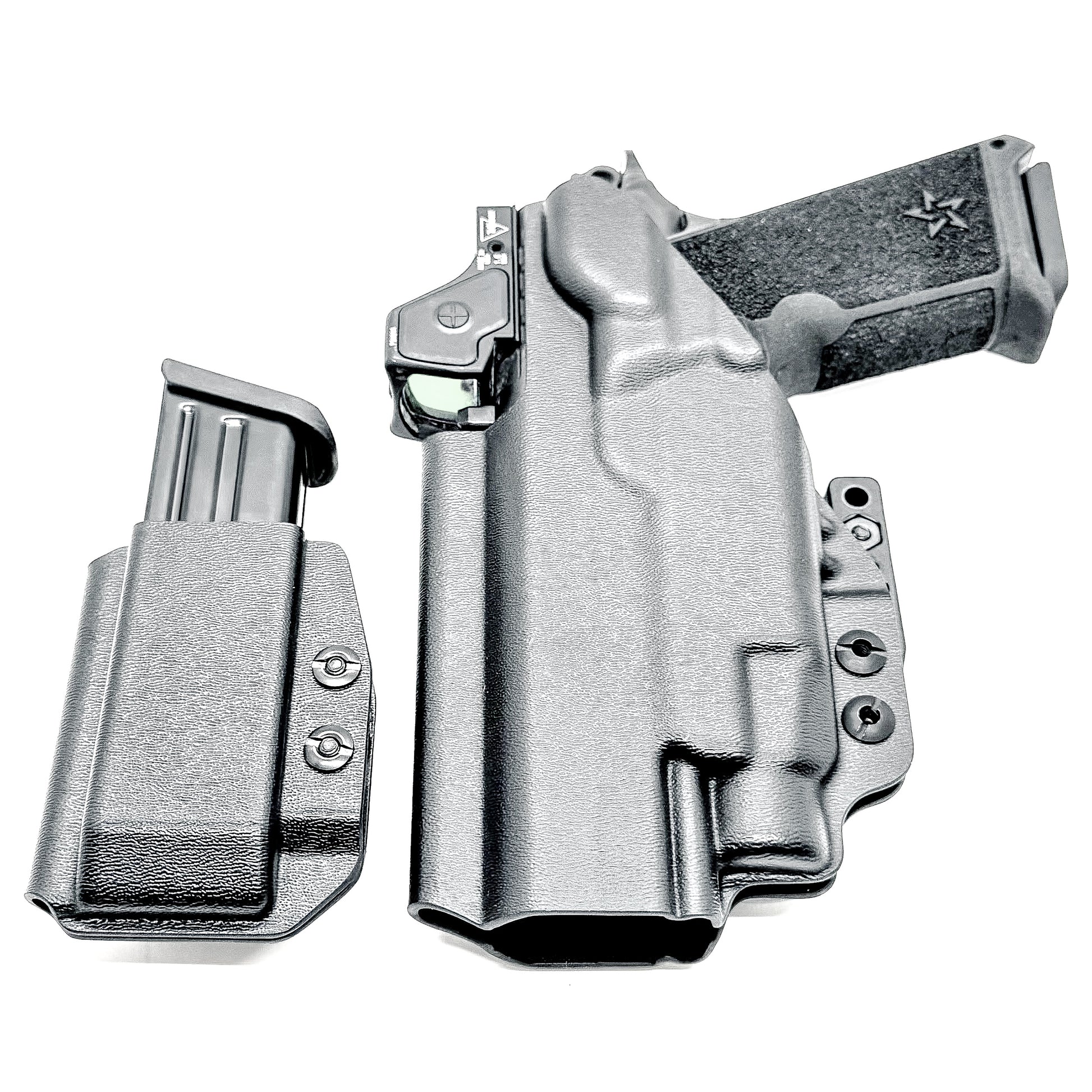 Custom-fit IWB holster for Staccato HD P4.5 with TLR-7 HL-X and Glock 9MM mag carrier. Adjustable retention, optics-ready, and made in the USA.