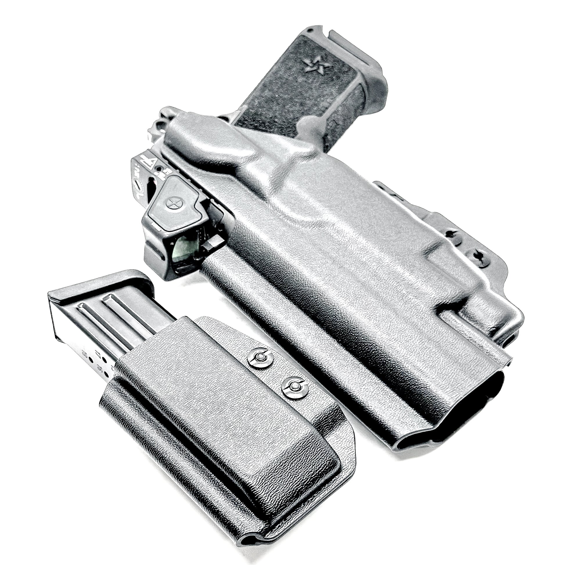 Custom-fit IWB holster for Staccato HD P4.5 with TLR-7 HL-X and Glock 9MM mag carrier. Adjustable retention, optics-ready, and made in the USA.