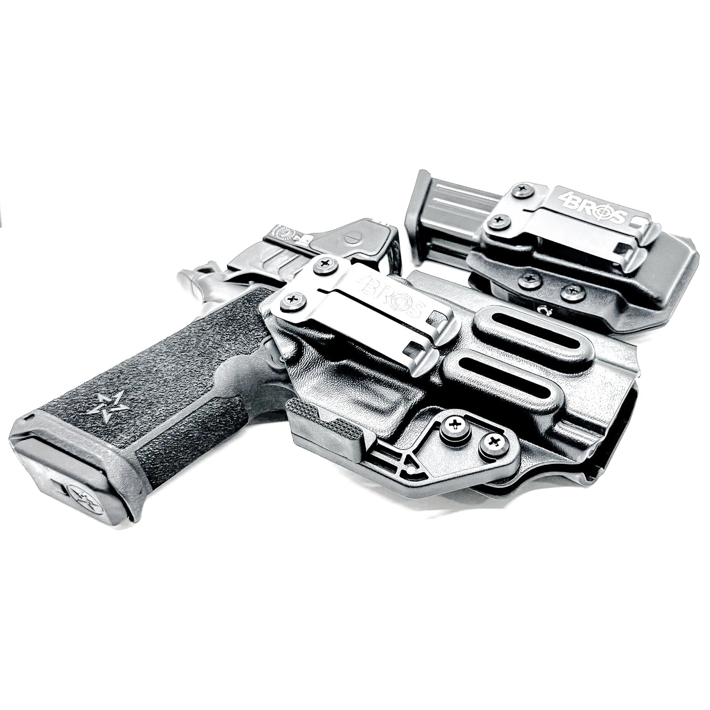 IWB holster combo for Staccato HD P4 and Glock 9MM mags. Includes mag carrier, Modwing, and Monoblock clips. Ships fast from the USA.