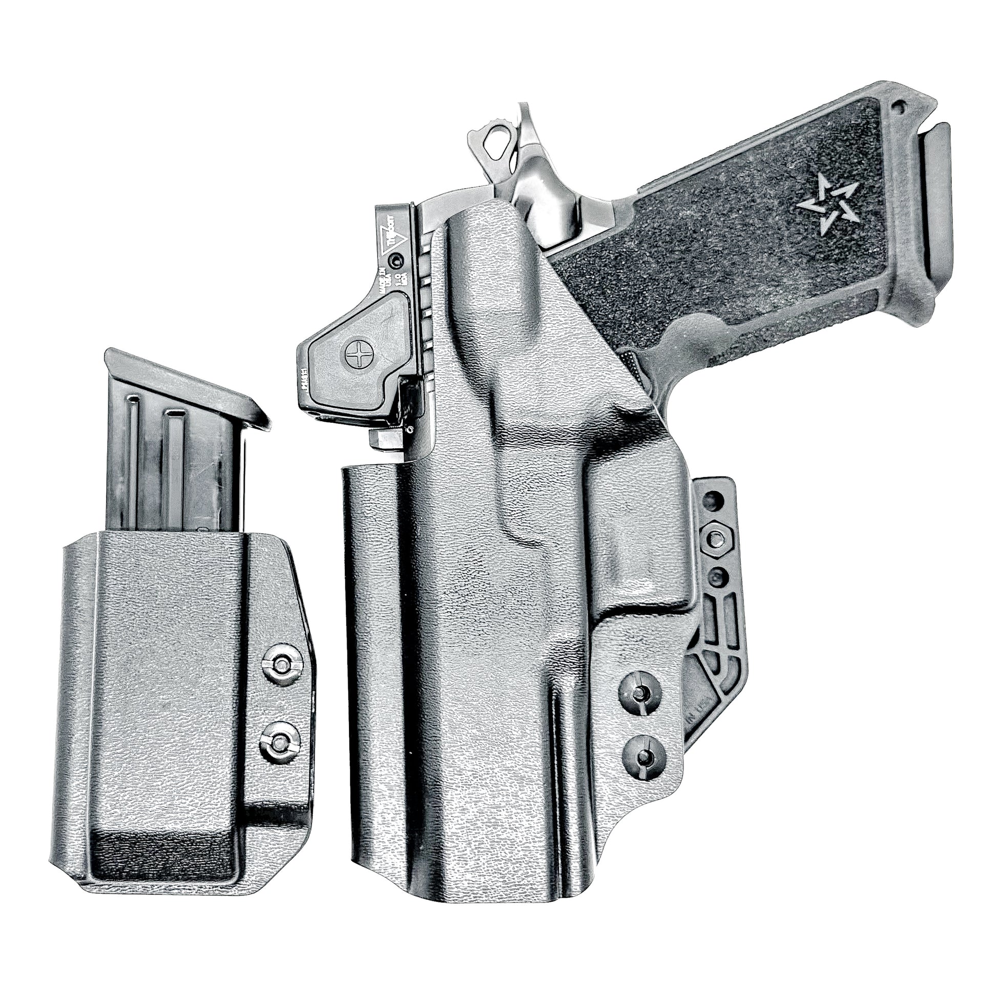 IWB holster combo for Staccato HD P4 and Glock 9MM mags. Includes mag carrier, Modwing, and Monoblock clips. Ships fast from the USA.
