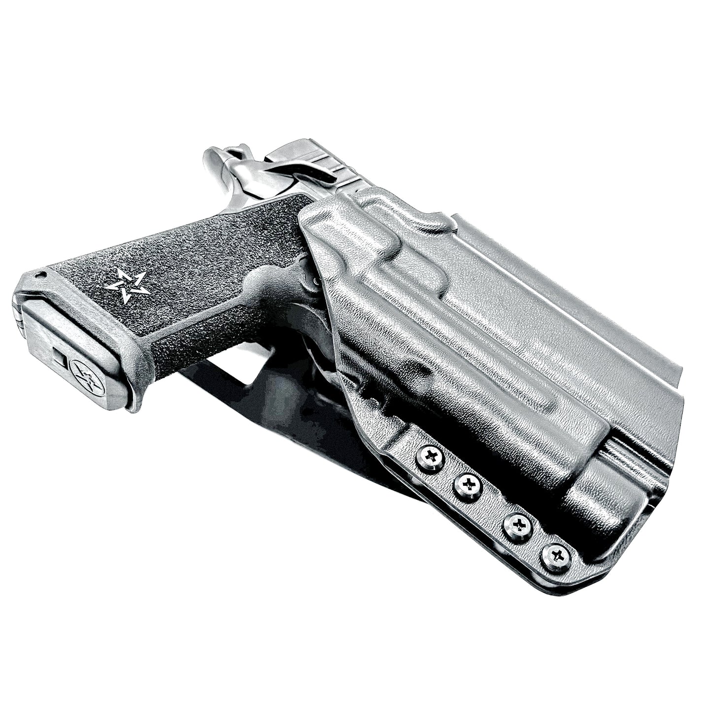 Black Light-Duty and Competition OWB holster for the Staccato HD P4 and Streamlight TLR-1 HL or TLR-1 HP with Duty Drop attachment.