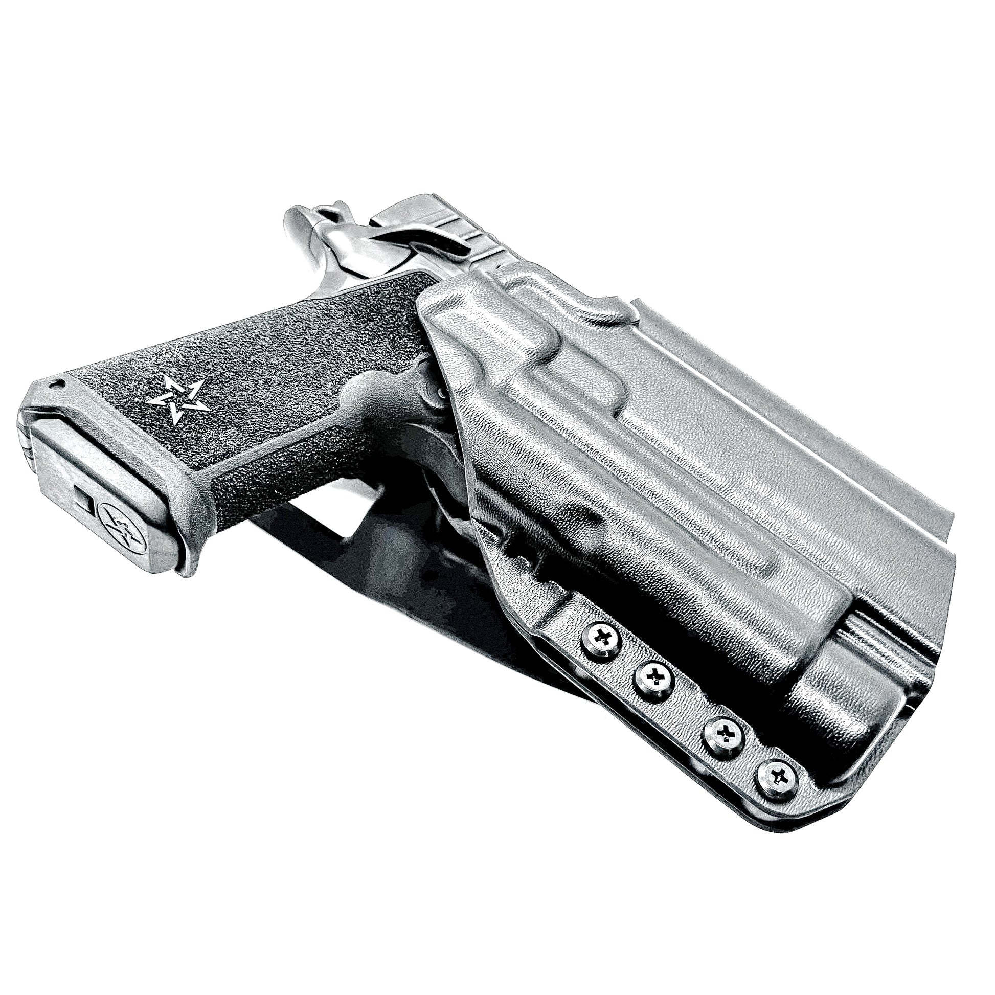Black Light-Duty and Competition OWB holster for the Staccato HD P4 and Streamlight TLR-1 HL or TLR-1 HP with Duty Drop attachment.