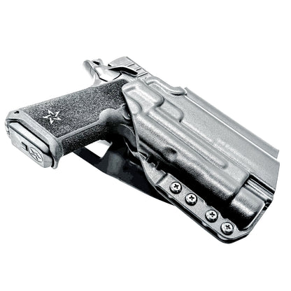 Black Light-Duty and Competition OWB holster for the Staccato HD P4 and Streamlight TLR-1 HL or TLR-1 HP with Duty Drop attachment.
