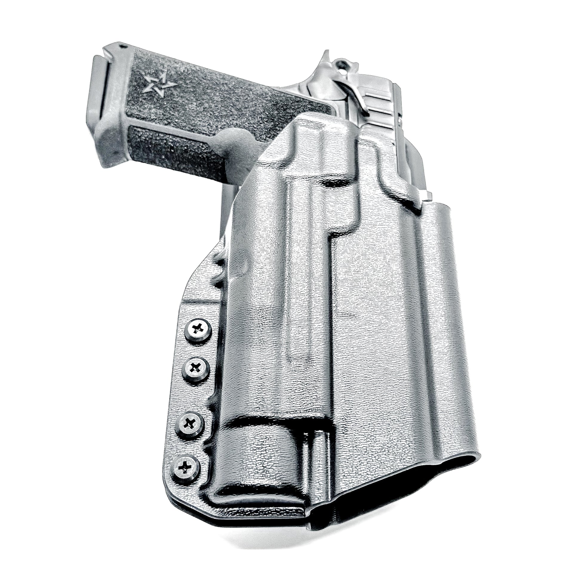 Black Light-Duty and Competition OWB holster for the Staccato HD P4 and Streamlight TLR-1 HL or TLR-1 HP with Duty Drop attachment.