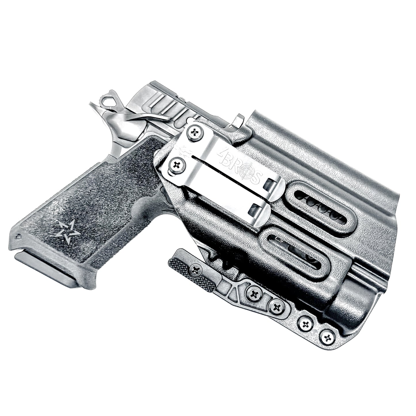 Black IWB holster for the Staccato HD P4 and Streamlight TLR-1 HL or TLR-1 HP for Inside Waistband concealed carry.  Shown with a DCC Monoblock and a modwing.