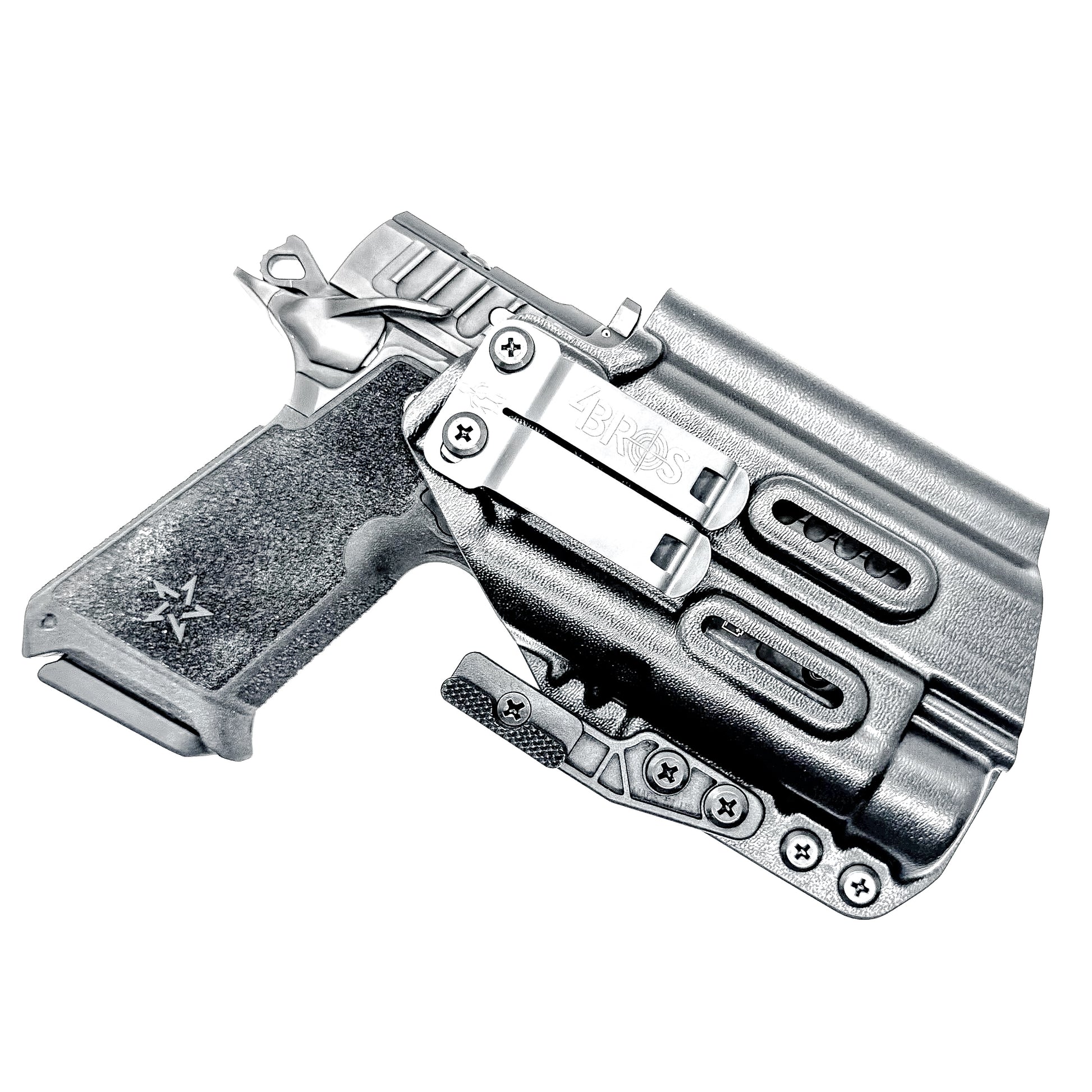 Black IWB holster for the Staccato HD P4 and Streamlight TLR-1 HL or TLR-1 HP for Inside Waistband concealed carry.  Shown with a DCC Monoblock and a modwing.
