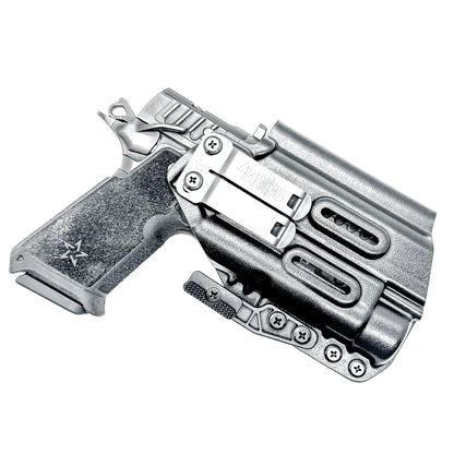 Black IWB holster for the Staccato HD P4 and Streamlight TLR-1 HL or TLR-1 HP for Inside Waistband concealed carry.  Shown with a DCC Monoblock and a modwing.