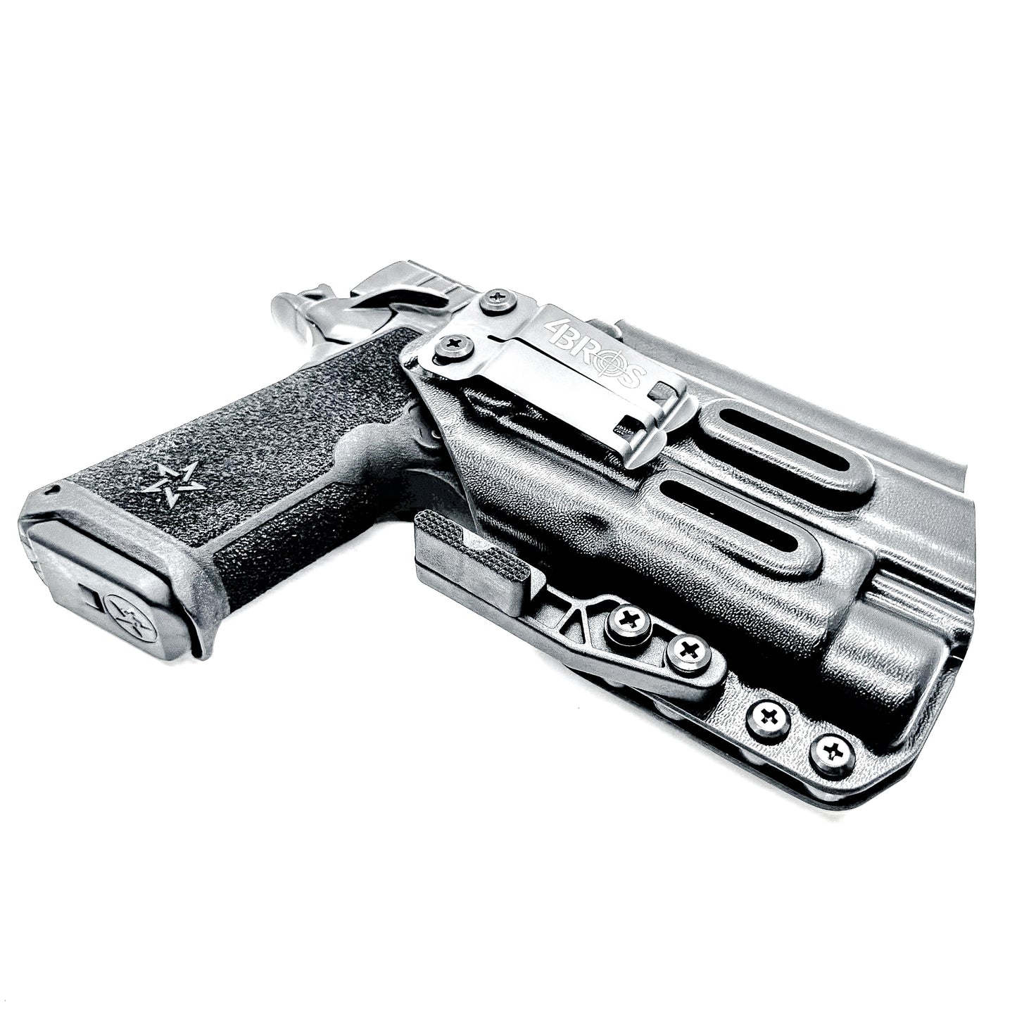 Black IWB holster for the Staccato HD P4 and Streamlight TLR-1 HL or TLR-1 HP for Inside Waistband concealed carry.  Shown with a DCC Monoblock and a modwing.