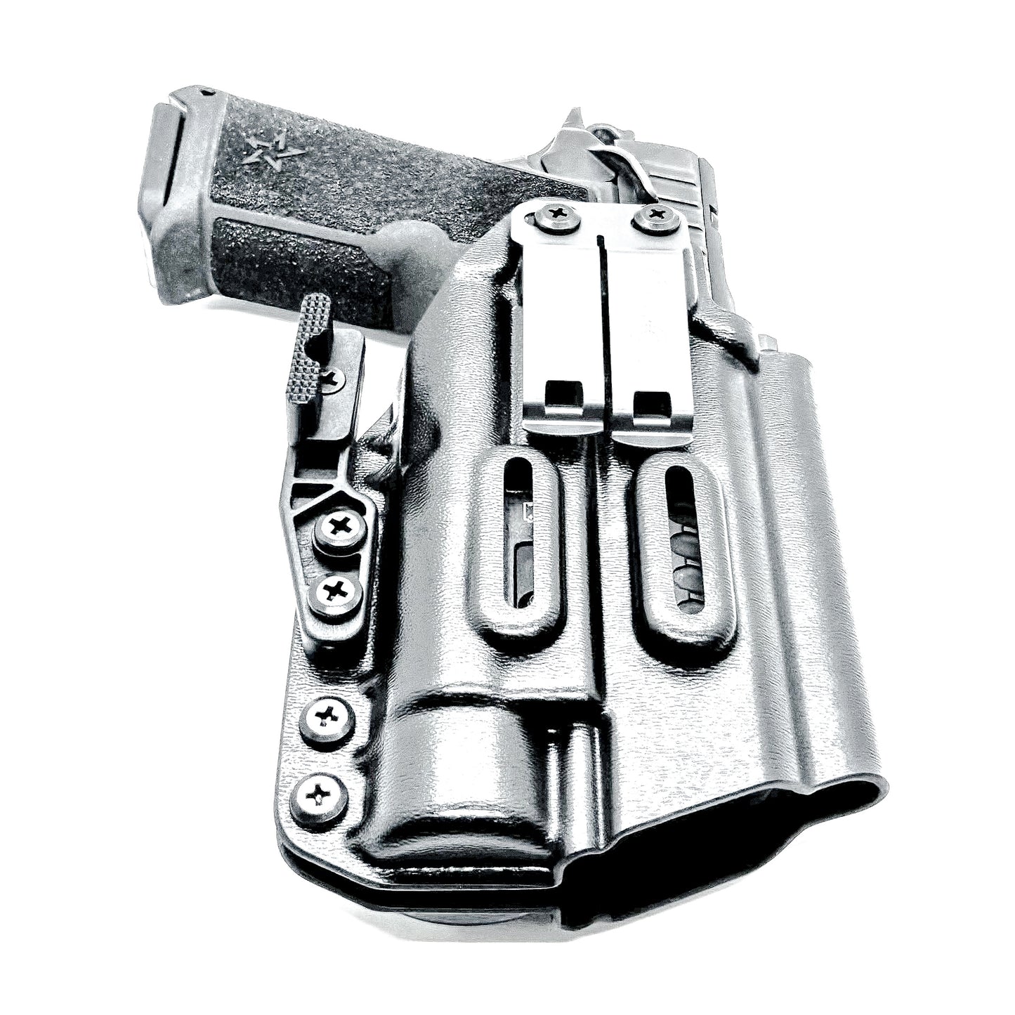 Black IWB holster for the Staccato HD P4 and Streamlight TLR-1 HL or TLR-1 HP for Inside Waistband concealed carry.  Shown with a DCC Monoblock and a modwing.