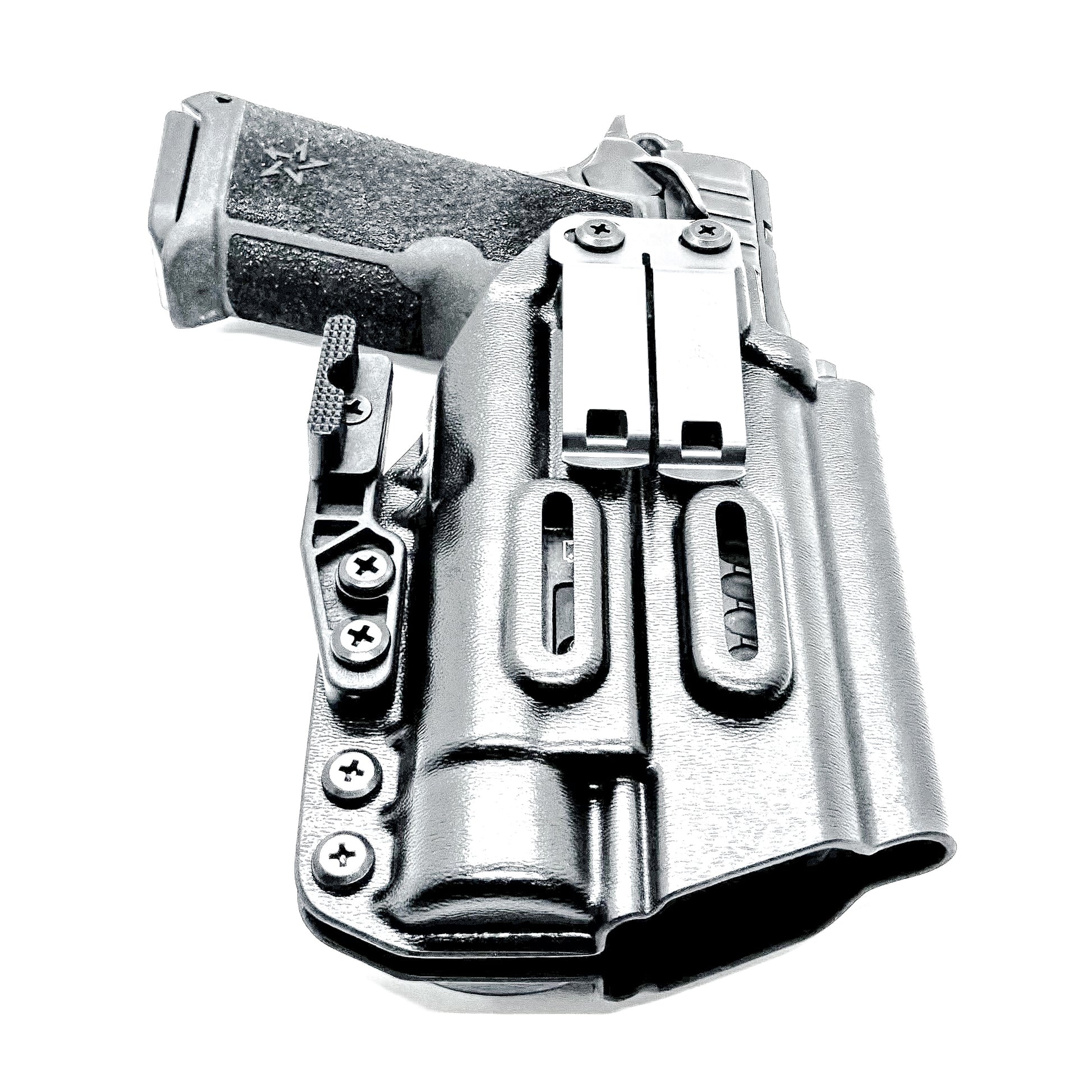 Black IWB holster for the Staccato HD P4 and Streamlight TLR-1 HL or TLR-1 HP for Inside Waistband concealed carry.  Shown with a DCC Monoblock and a modwing.