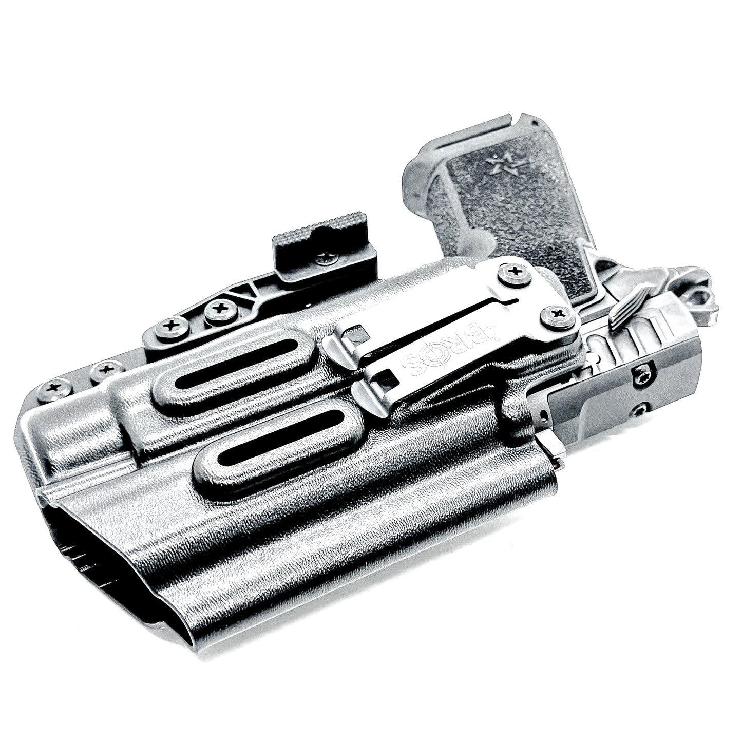 Black IWB holster for the Staccato HD P4 and Streamlight TLR-1 HL or TLR-1 HP for Inside Waistband concealed carry.  Shown with a DCC Monoblock and a modwing.