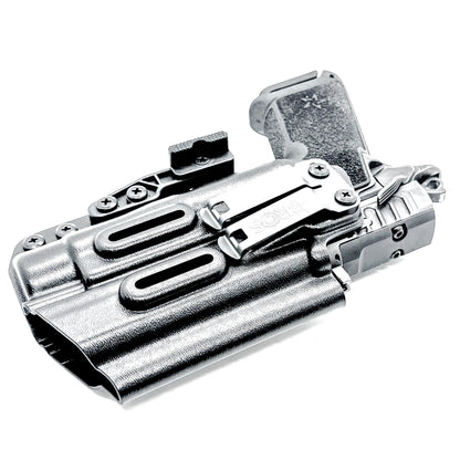Black IWB holster for the Staccato HD P4 and Streamlight TLR-1 HL or TLR-1 HP for Inside Waistband concealed carry.  Shown with a DCC Monoblock and a modwing.