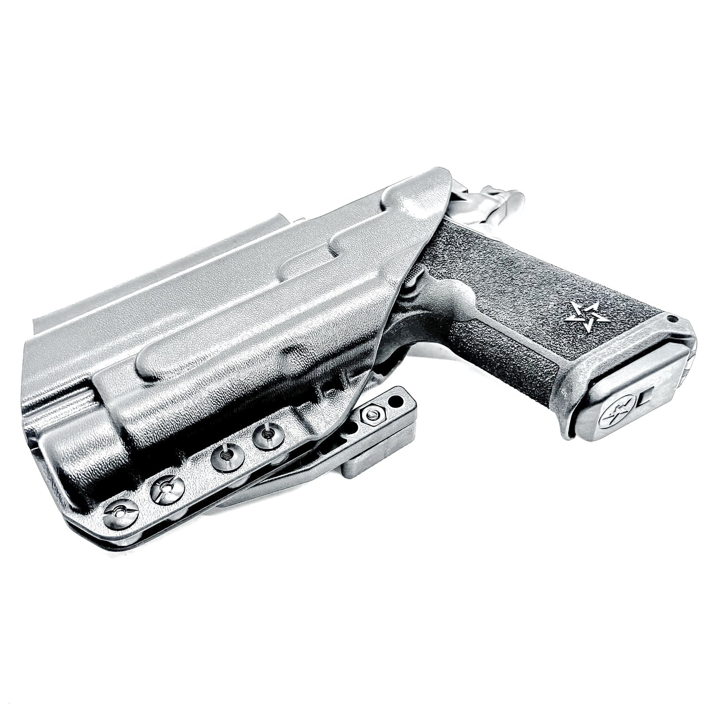 Black IWB holster for the Staccato HD P4 and Streamlight TLR-1 HL or TLR-1 HP for Inside Waistband concealed carry.  Shown with a DCC Monoblock and a modwing.