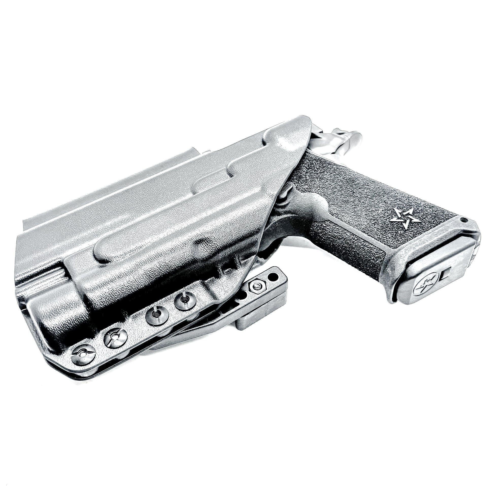 Black IWB holster for the Staccato HD P4 and Streamlight TLR-1 HL or TLR-1 HP for Inside Waistband concealed carry.  Shown with a DCC Monoblock and a modwing.