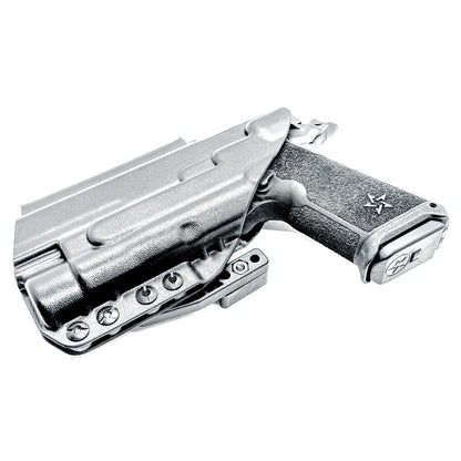 Black IWB holster for the Staccato HD P4 and Streamlight TLR-1 HL or TLR-1 HP for Inside Waistband concealed carry.  Shown with a DCC Monoblock and a modwing.