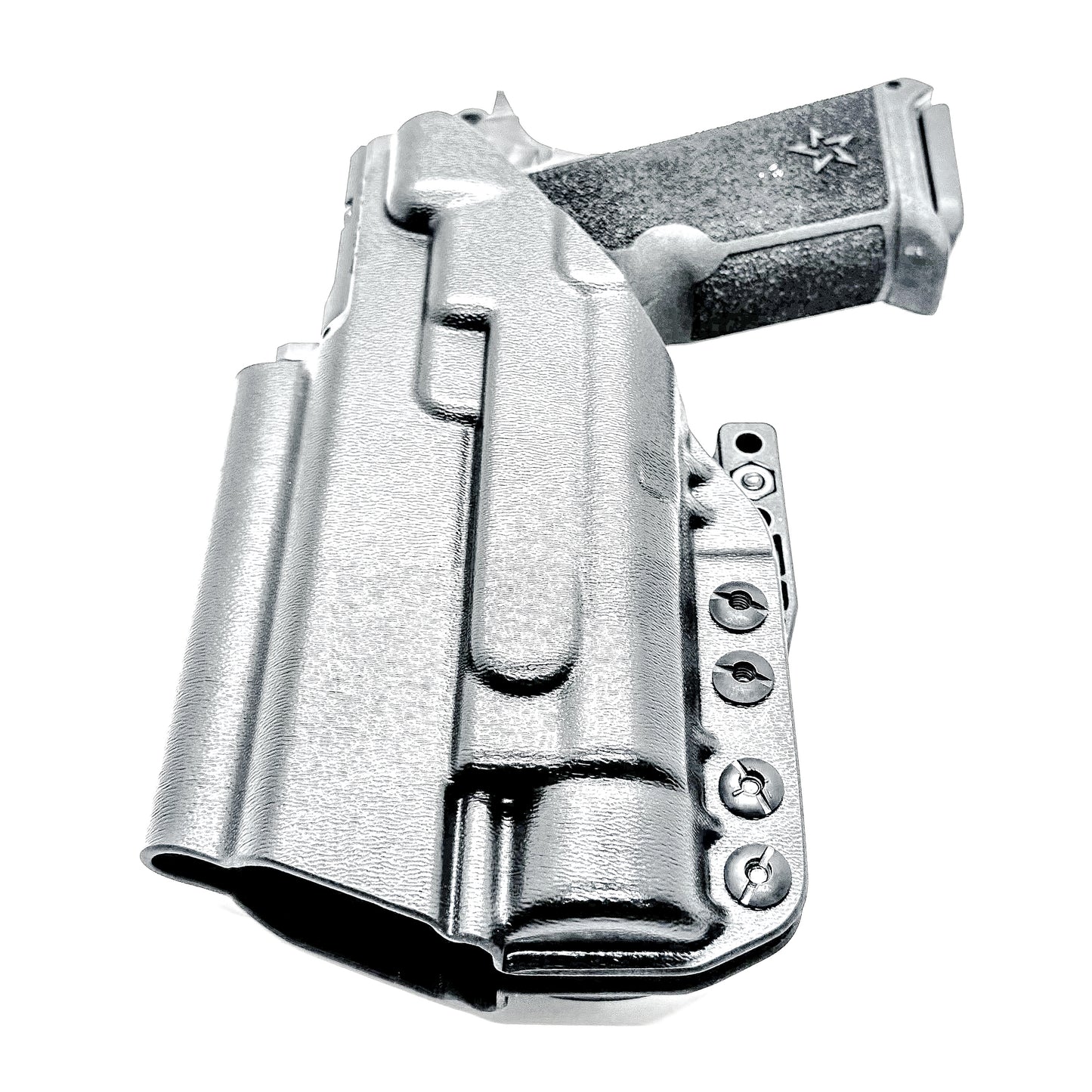 Black IWB holster for the Staccato HD P4 and Streamlight TLR-1 HL or TLR-1 HP for Inside Waistband concealed carry.  Shown with a DCC Monoblock and a modwing.