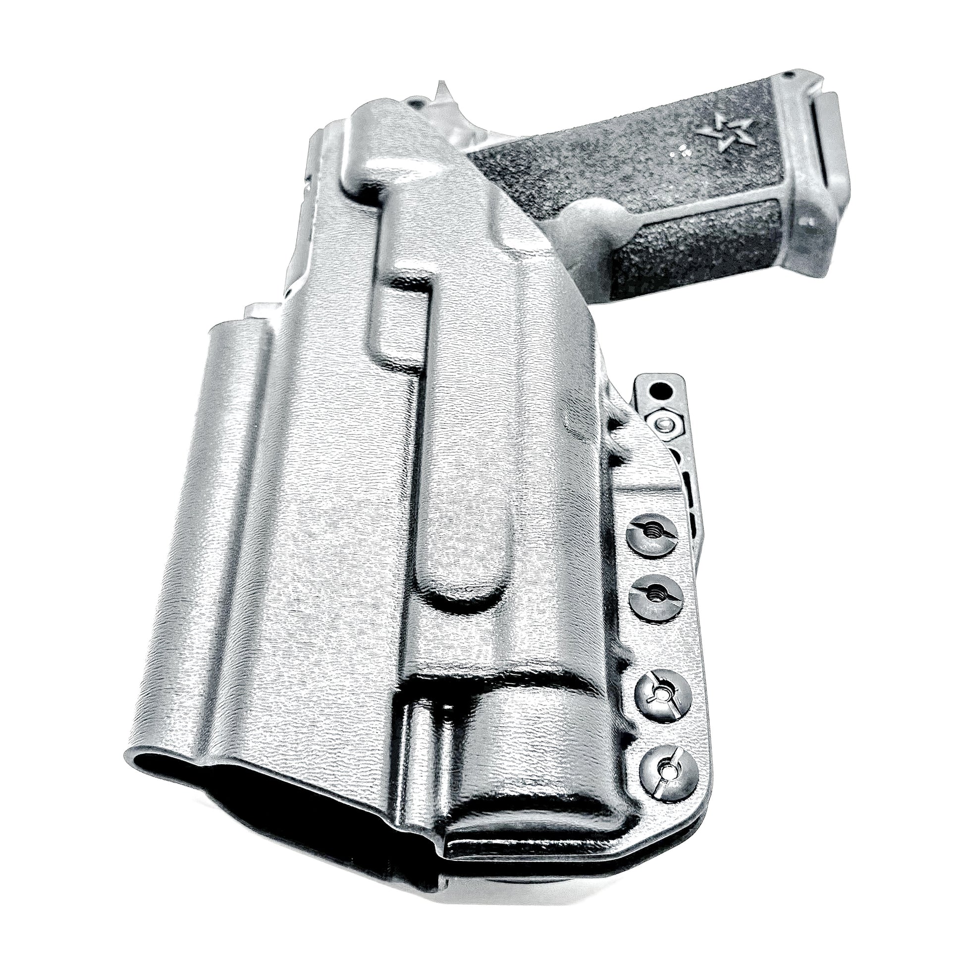 Black IWB holster for the Staccato HD P4 and Streamlight TLR-1 HL or TLR-1 HP for Inside Waistband concealed carry.  Shown with a DCC Monoblock and a modwing.