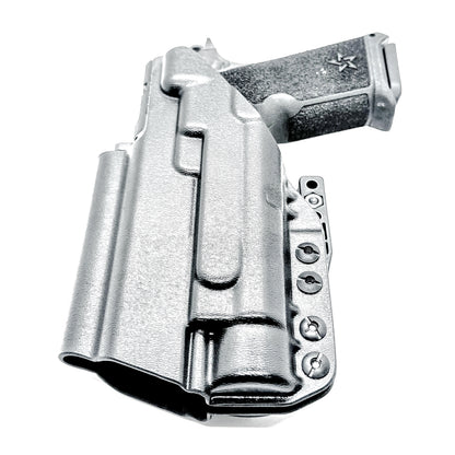 Black IWB holster for the Staccato HD P4 and Streamlight TLR-1 HL or TLR-1 HP for Inside Waistband concealed carry.  Shown with a DCC Monoblock and a modwing.