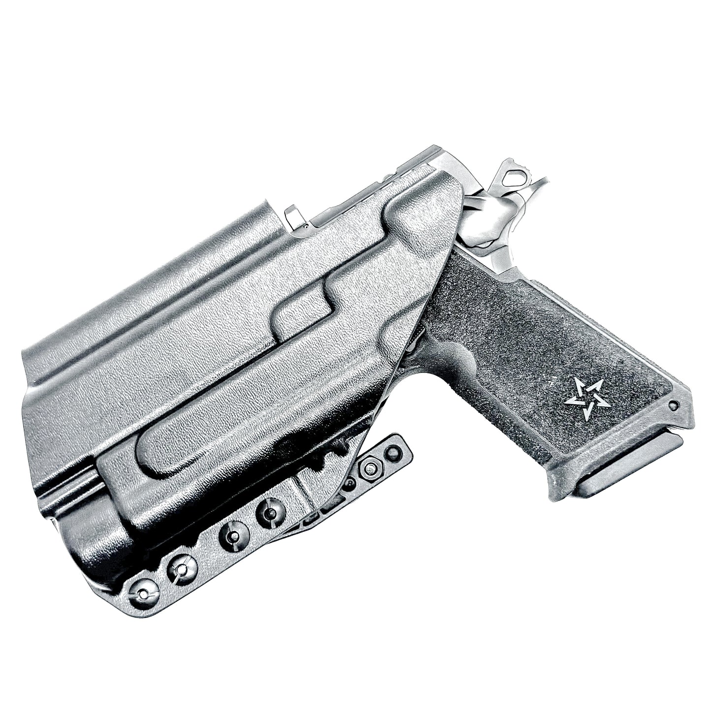 Black IWB holster for the Staccato HD P4 and Streamlight TLR-1 HL or TLR-1 HP for Inside Waistband concealed carry.  Shown with a DCC Monoblock and a modwing.