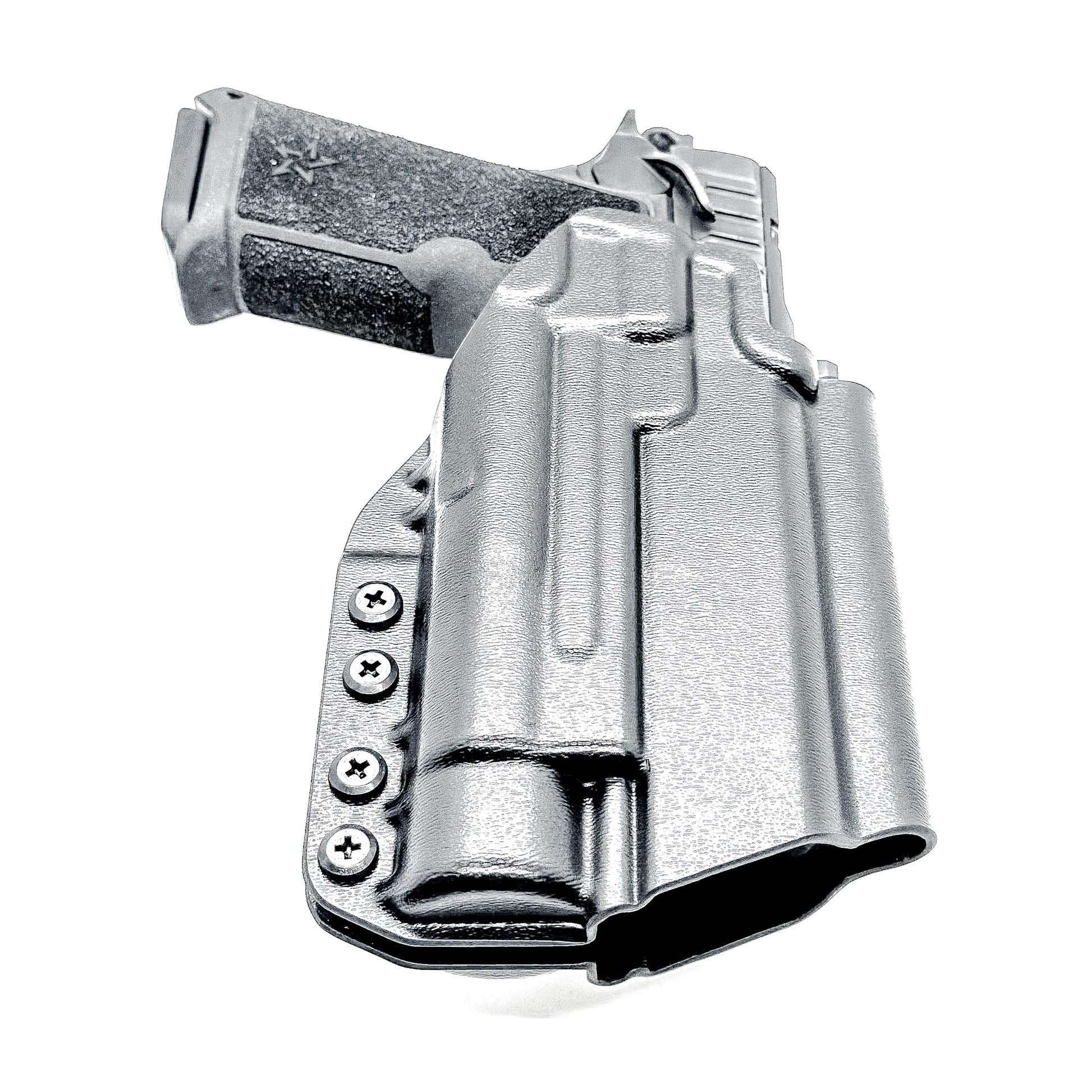 OWB holster for the Staccato HD P4 and Streamlight TLR-1 HL or TLR-1 HP  in black with a 4Bros 1.5" belt slide, made for Outside Waistband carry.  
