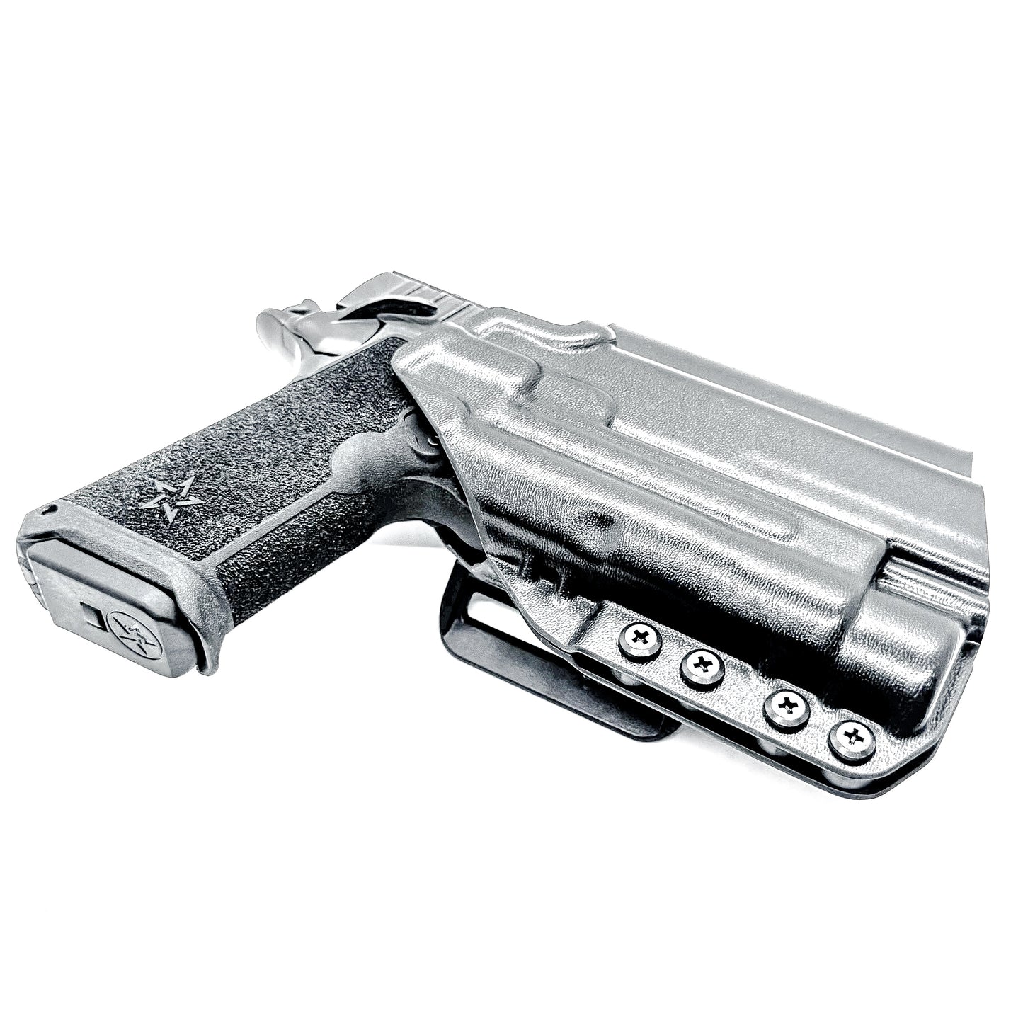 OWB holster for the Staccato HD P4 and Streamlight TLR-1 HL or TLR-1 HP  in black with a 4Bros 1.5" belt slide, made for Outside Waistband carry.  