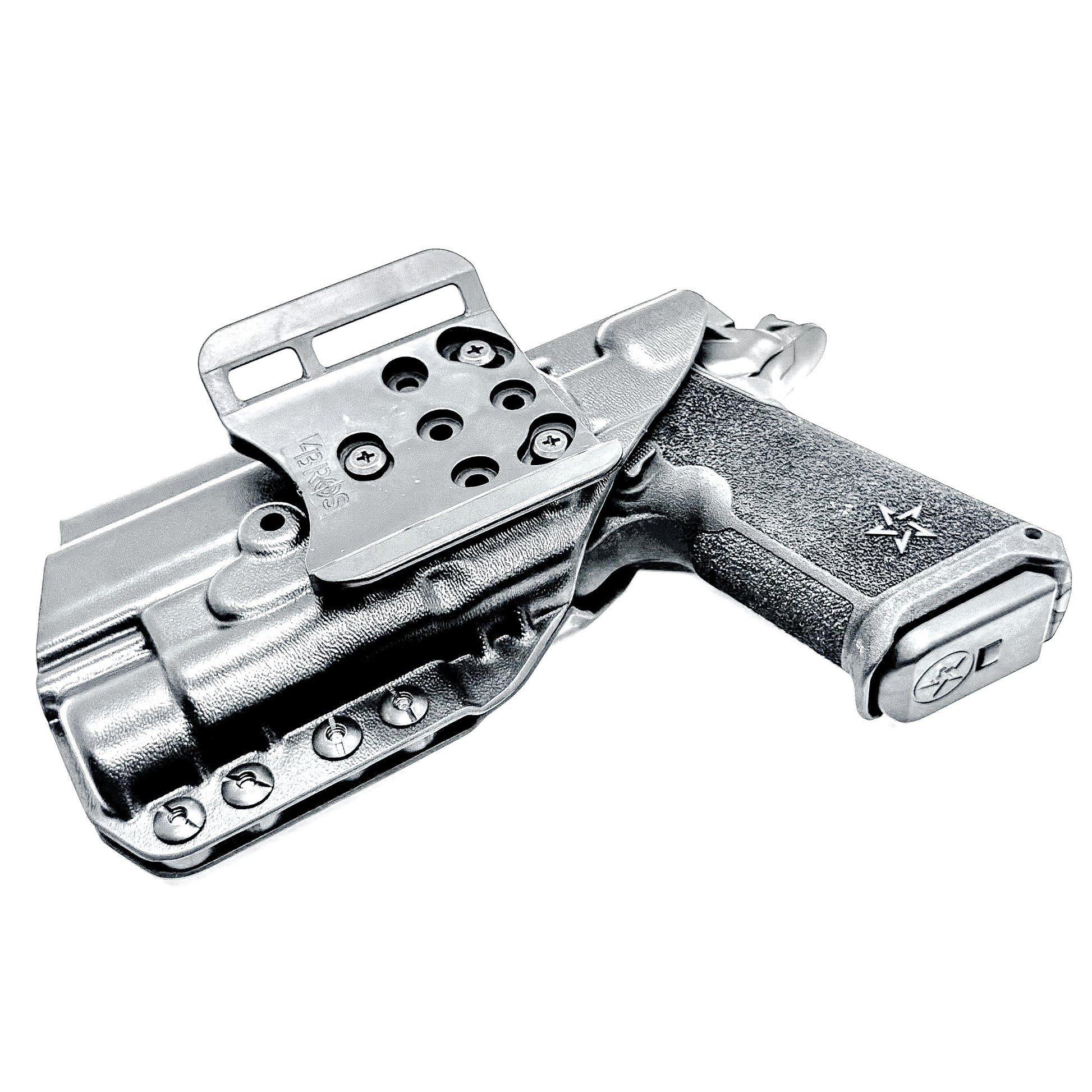 OWB holster for the Staccato HD P4 and Streamlight TLR-1 HL or TLR-1 HP  in black with a 4Bros 1.5" belt slide, made for Outside Waistband carry.  