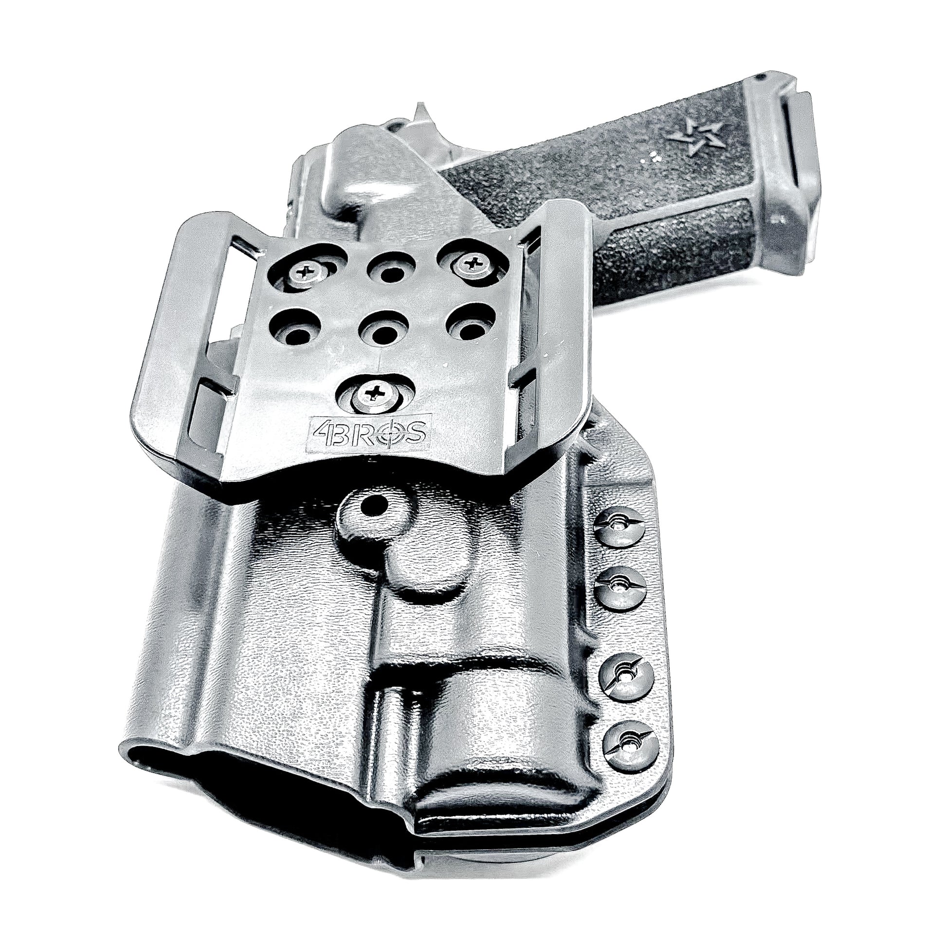 OWB holster for the Staccato HD P4 and Streamlight TLR-1 HL or TLR-1 HP  in black with a 4Bros 1.5" belt slide, made for Outside Waistband carry.  