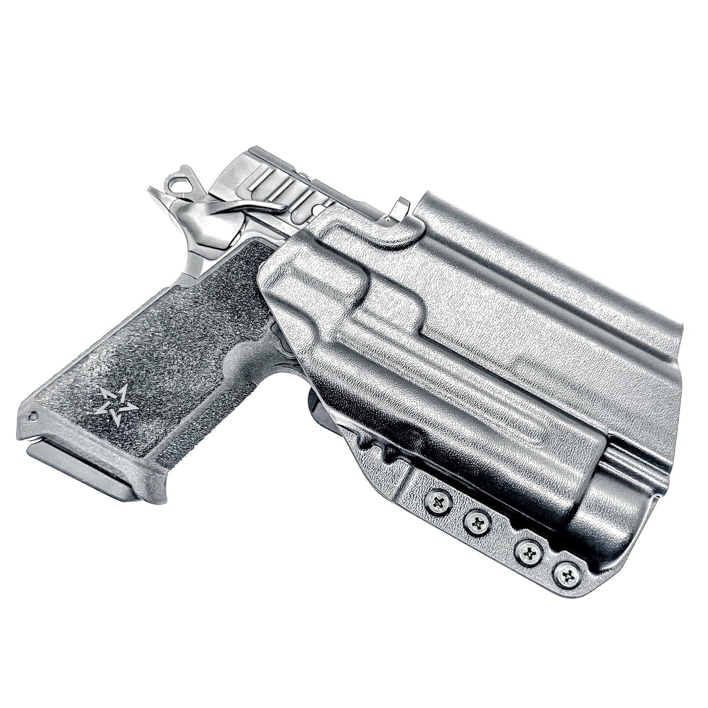 OWB holster for the Staccato HD P4 and Streamlight TLR-1 HL or TLR-1 HP  in black with a 4Bros 1.5" belt slide, made for Outside Waistband carry.  