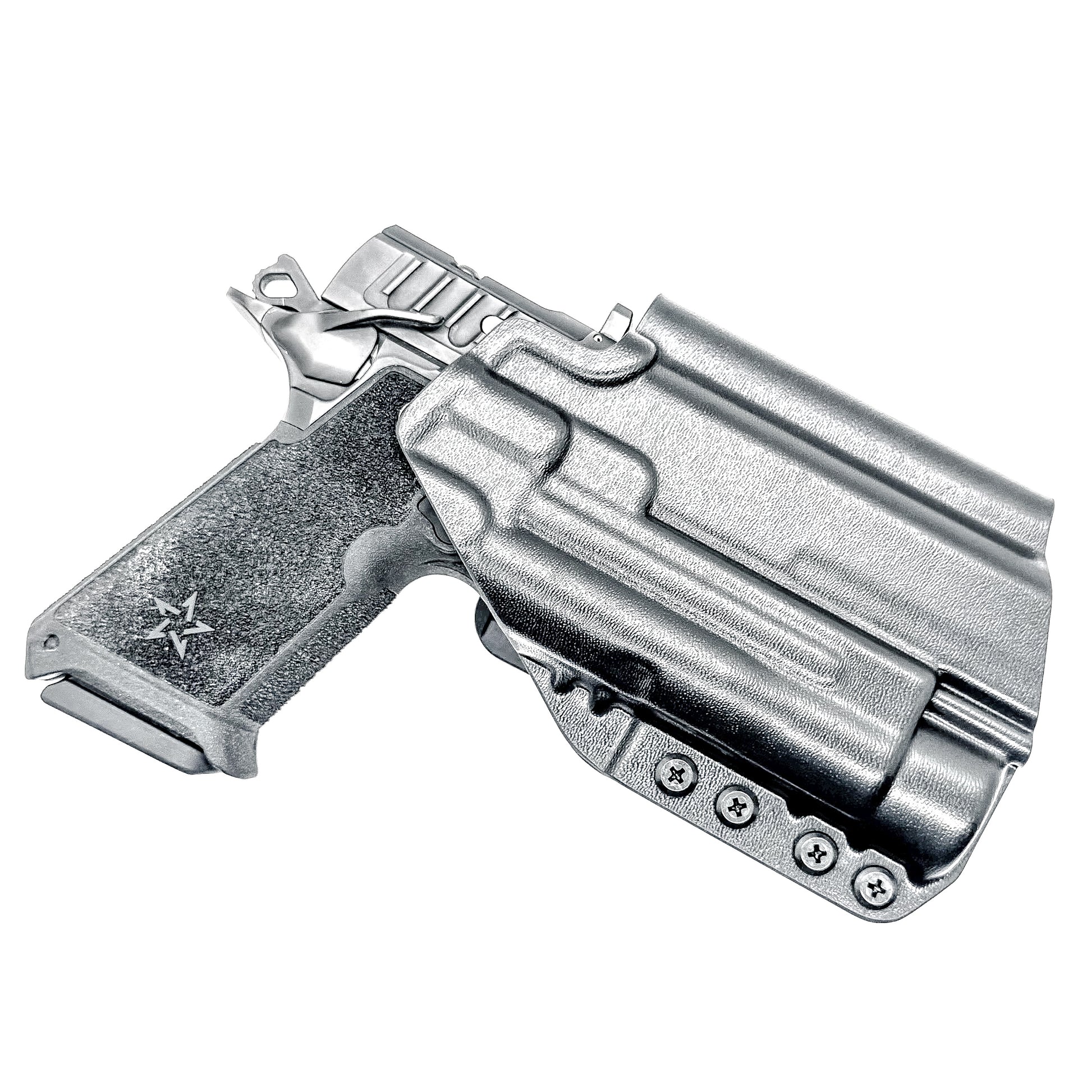 OWB holster for the Staccato HD P4 and Streamlight TLR-1 HL or TLR-1 HP  in black with a 4Bros 1.5" belt slide, made for Outside Waistband carry.  