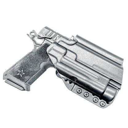 OWB holster for the Staccato HD P4 and Streamlight TLR-1 HL or TLR-1 HP  in black with a 4Bros 1.5" belt slide, made for Outside Waistband carry.  