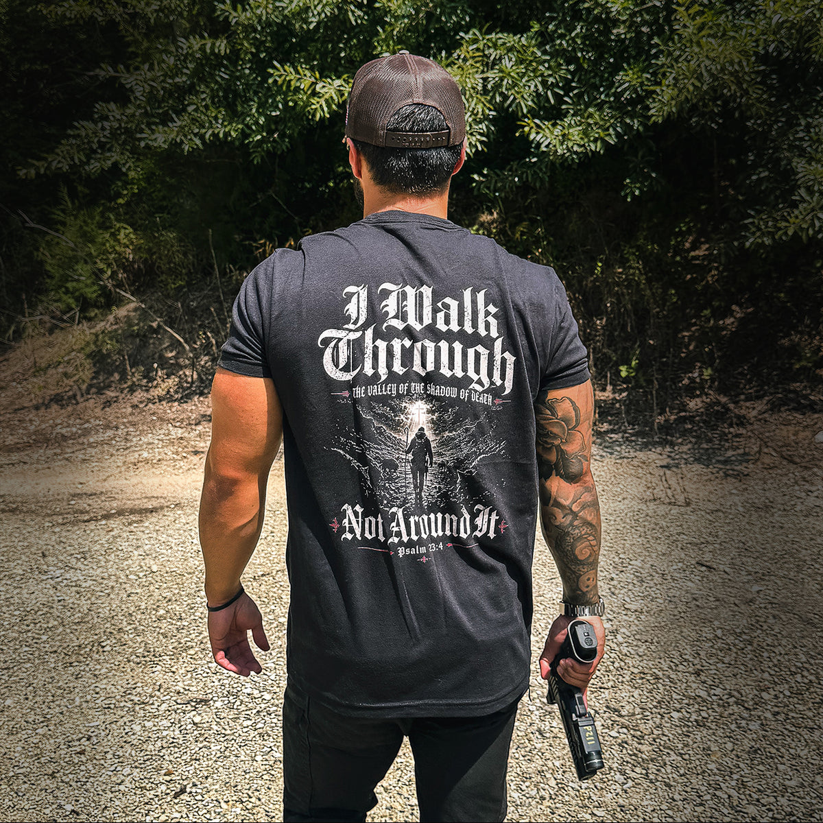 Four Brothers Holsters Walk Through The Valley Black T-Shirt. Soft, lightweight everyday carry apparel for range days and daily wear.