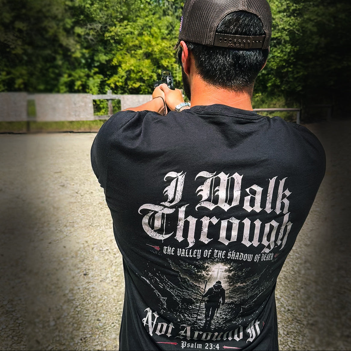 Four Brothers Holsters Walk Through The Valley Black T-Shirt. Soft, lightweight everyday carry apparel for range days and daily wear.