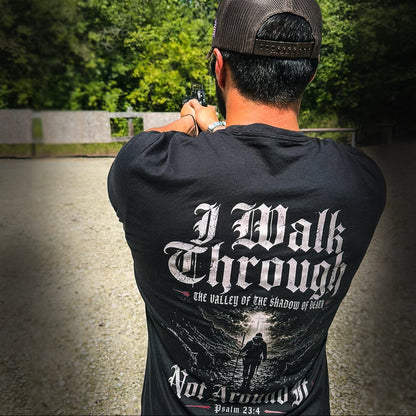 Four Brothers Holsters Walk Through The Valley Black T-Shirt. Soft, lightweight everyday carry apparel for range days and daily wear.