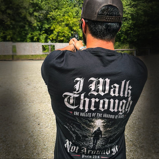 Four Brothers Holsters Walk Through The Valley Black T-Shirt. Soft, lightweight everyday carry apparel for range days and daily wear.