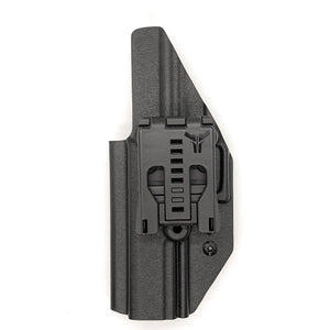 Outside Waistband Holster designed to fit the Walther PDP Full Size 5" pistol. Holster profile is cut to allow red dot sights to be mounted on the pistol.  This holster will fit the Full Size 5" and 5" Compact. Full sweat guard, adjustable retention and open muzzle for threaded barrels and compensators.