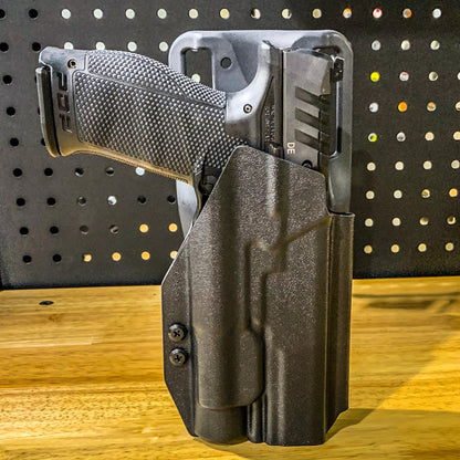 For the best Outside Waistband Duty & Competition Kydex Holster designed to fit the Walther PDP  5" Full-Size or PDP Pro SD 5.1" pistol with the Streamlight TLR-1HL or TLR-1, shop Four Brothers Holsters. Cut for red dot sights, full sweat guard, adjustable retention & open muzzle for threaded barrels & compensators. 