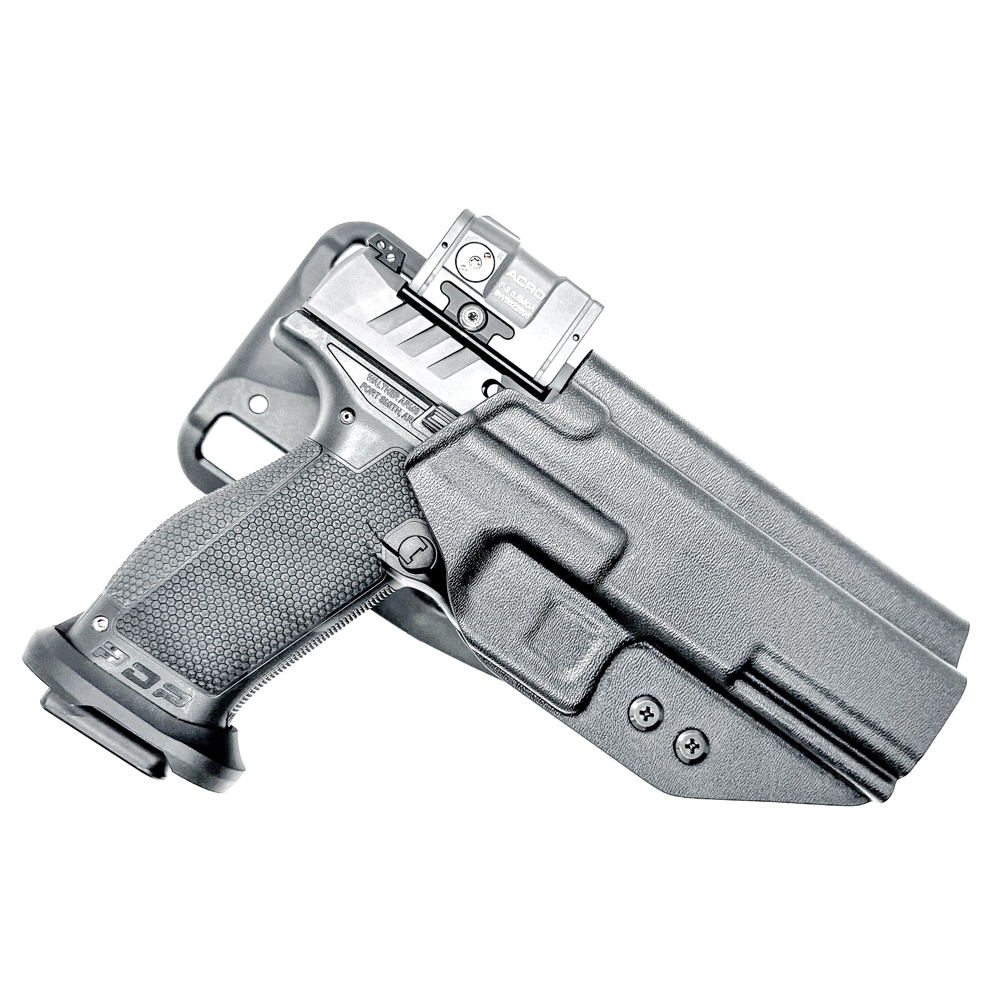 Walther Pro-X / PDP Pro-X PMM 4.6" Duty & Competition OWB Holster. Red dot ready, PMM compensator fit, Blade-Tech drop offset, .093" thermoplastic, Made in USA.