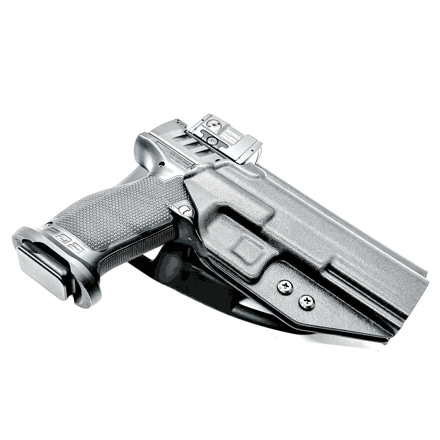 Walther Pro-X / PDP Pro-X PMM 4.6" Duty & Competition OWB Holster. Red dot ready, PMM compensator fit, Blade-Tech drop offset, .093" thermoplastic, Made in USA.